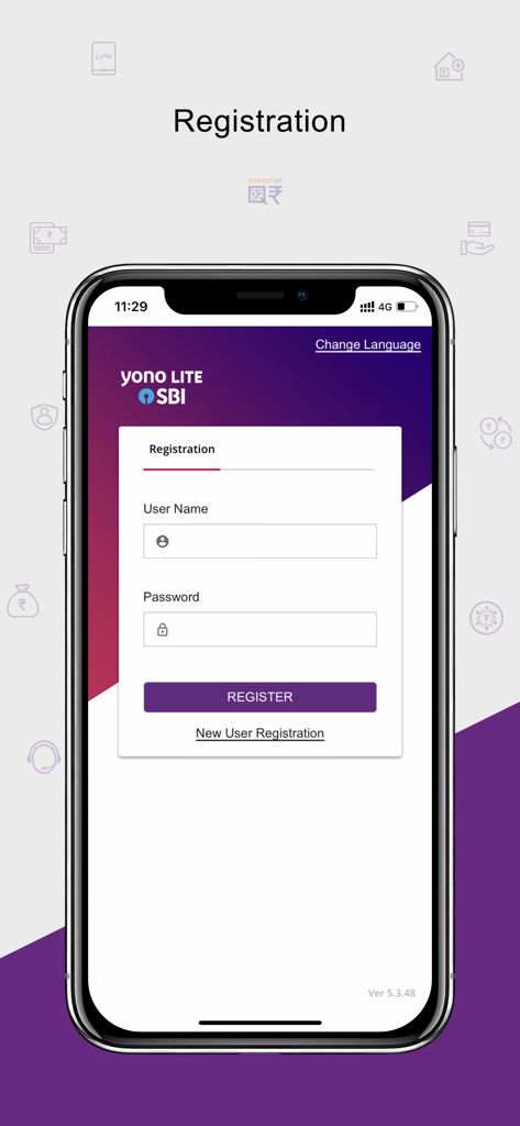 Registration screen of the Yono Lite SBI mobile banking application