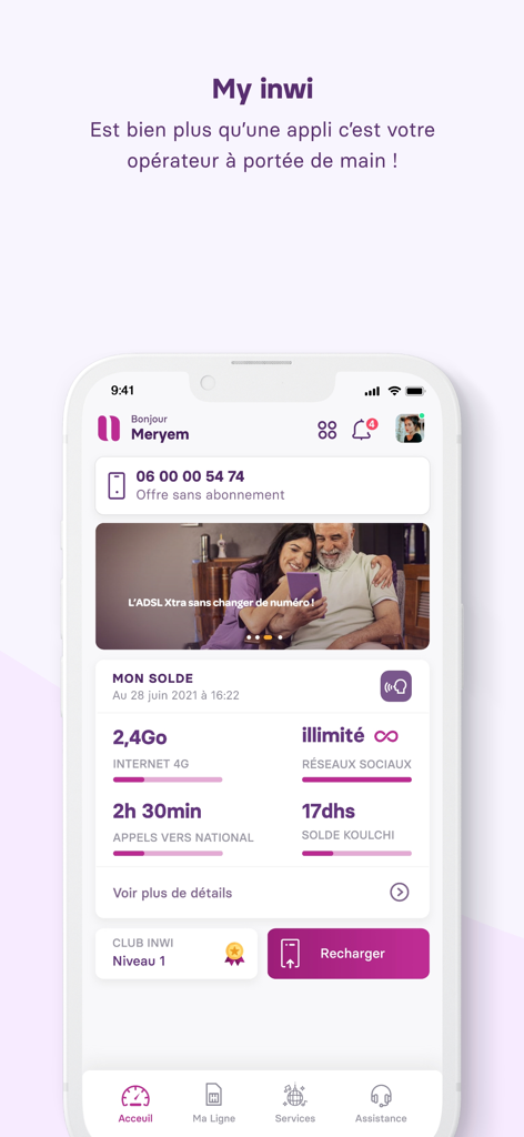 Home screen of the My inwi mobile app displaying user balance and consumption details