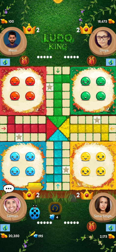 A four player online multiplayer match in Ludo King showing colorful tokens and player avatars on a nature themed board.