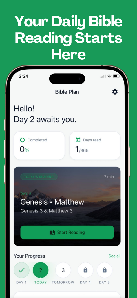 The Bible in a Year – 365 Plan - A mobile phone displaying the home screen of a Bible reading app with daily progress and reading plan details