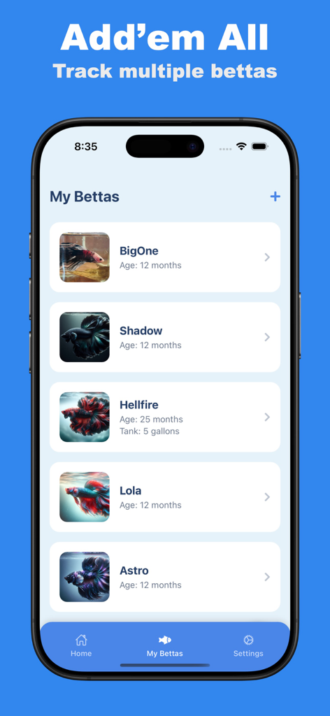 Betta Care: Fish Tracker - Screenshot of the Betta Care app interface showing a list of several tracked betta fish profiles with names and ages