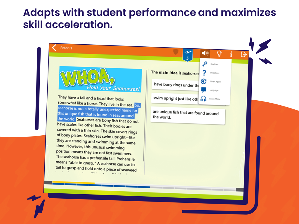 Lexia PowerUp - Lexia PowerUp iPad interface showing a reading comprehension exercise about seahorses with a main idea question and audio options.