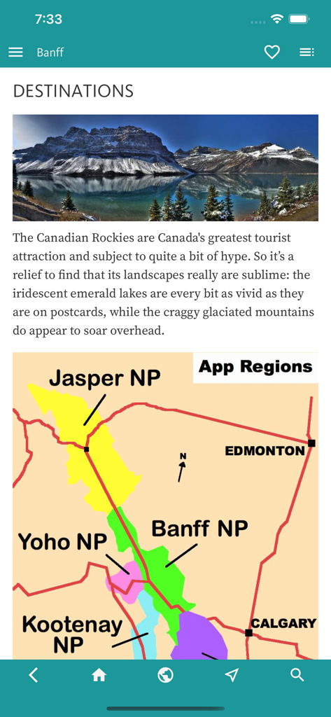 Banff & Canada's Rockies Guide - Destinations screen showing a map of Banff and Jasper National Parks in the guide app