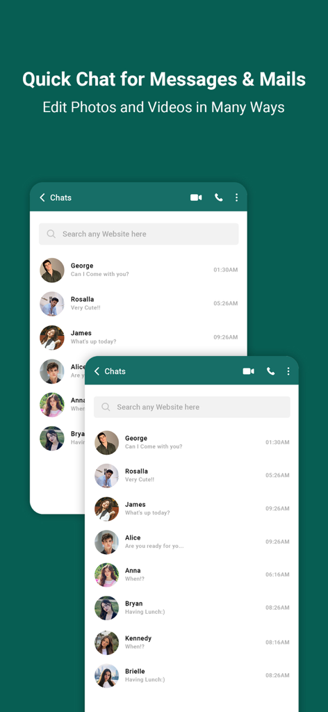 Interfaz de la aplicación Quick Chat que muestra una lista de conversaciones de mensajes y perfiles de contacto.