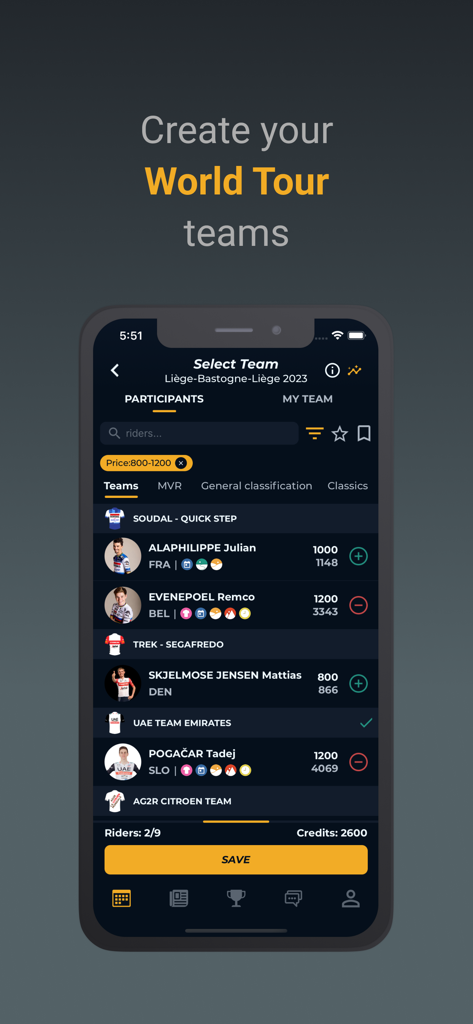 Cycling Fantasy mobile app screen for selecting professional riders to create a World Tour team