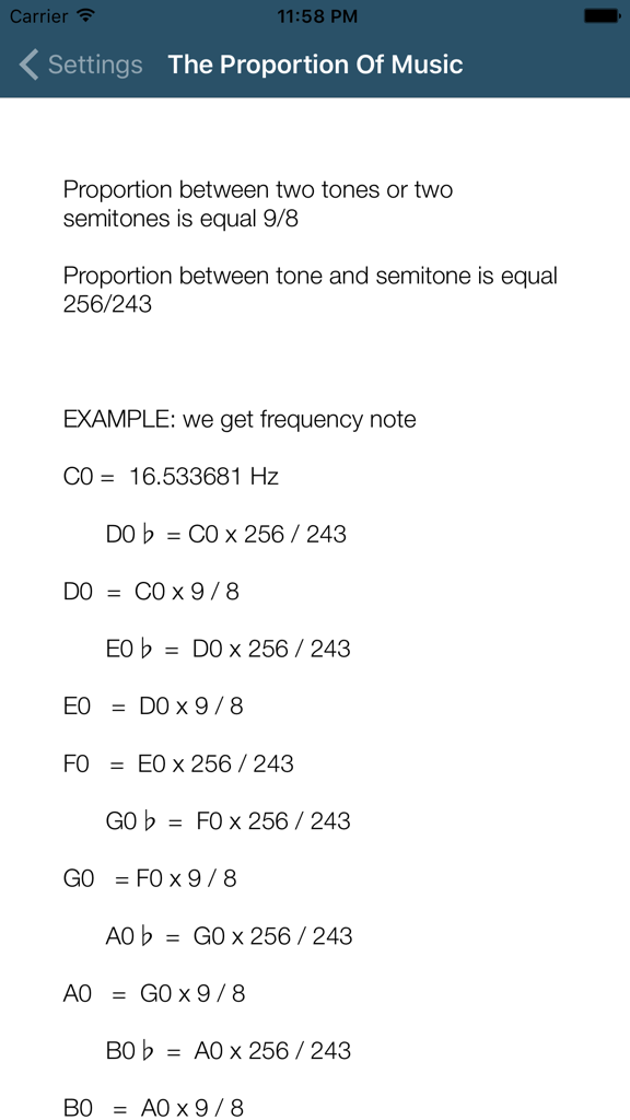 E Tuner: Chromatic tuner - Una pantalla técnica en la aplicación E Tuner que muestra las proporciones matemáticas y los cálculos de frecuencia para notas musicales.