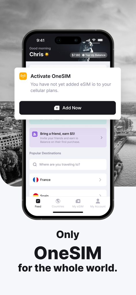 Captura de pantalla móvil de la aplicación eSIM io que muestra la indicación de activación de OneSIM para viajes internacionales.
