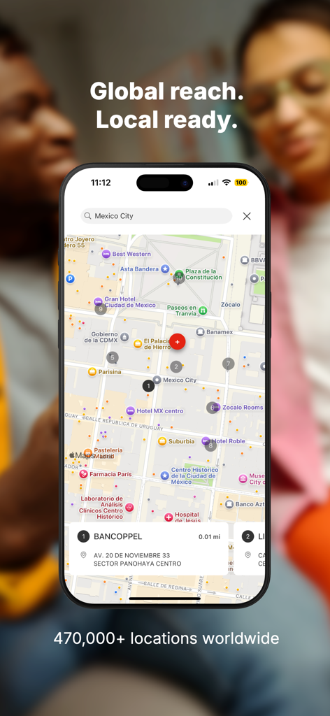 iPhone screen displaying a map of MoneyGram agent locations in Mexico City with the text global reach local ready