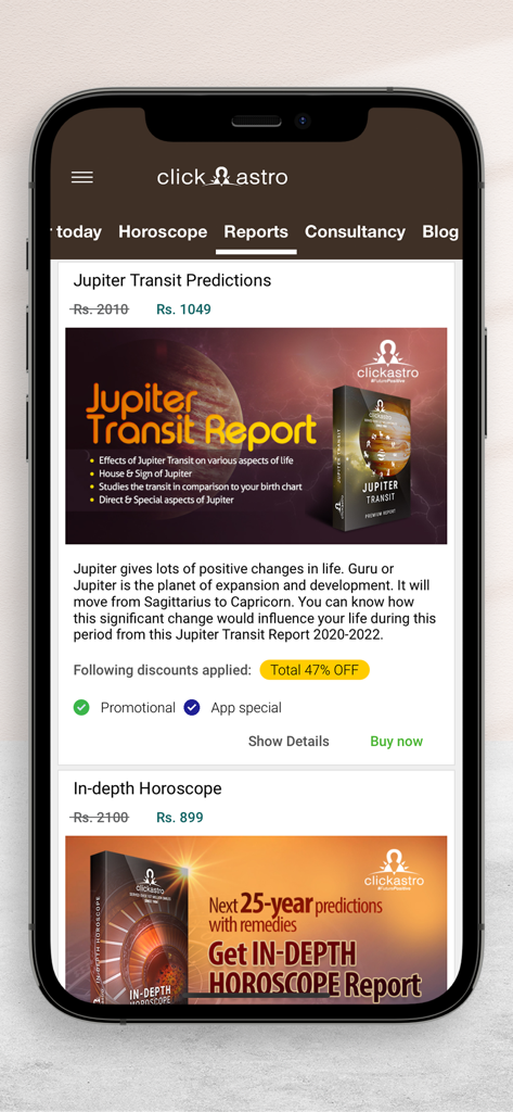 ClickAstro Kundali: Horoscopes - ClickAstro mobile app reports section featuring Jupiter transit predictions and in-depth horoscope reports with pricing discounts
