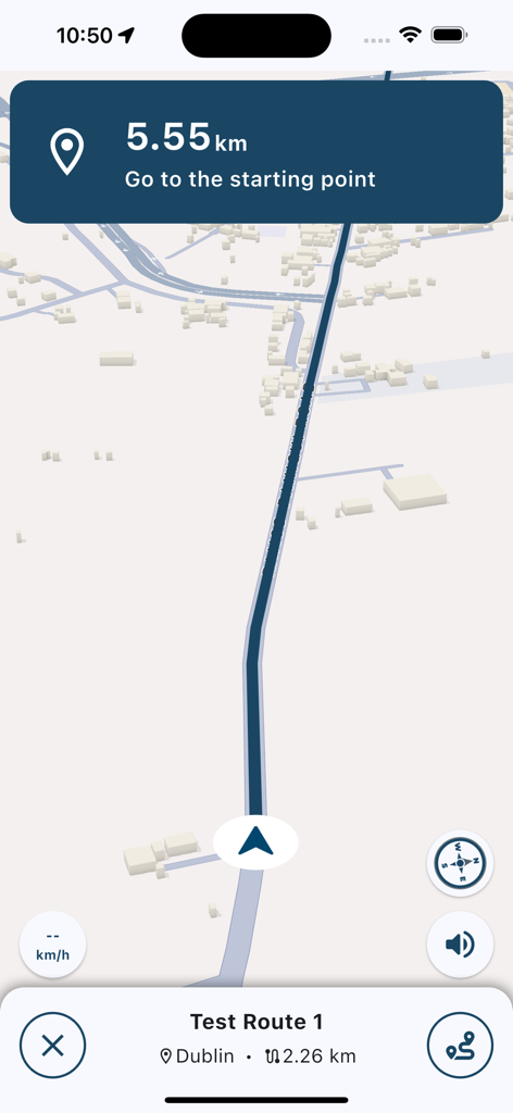 DriveSphere - A mobile navigation screen from the DriveSphere app showing a driving test route in Dublin with directions to the starting point.