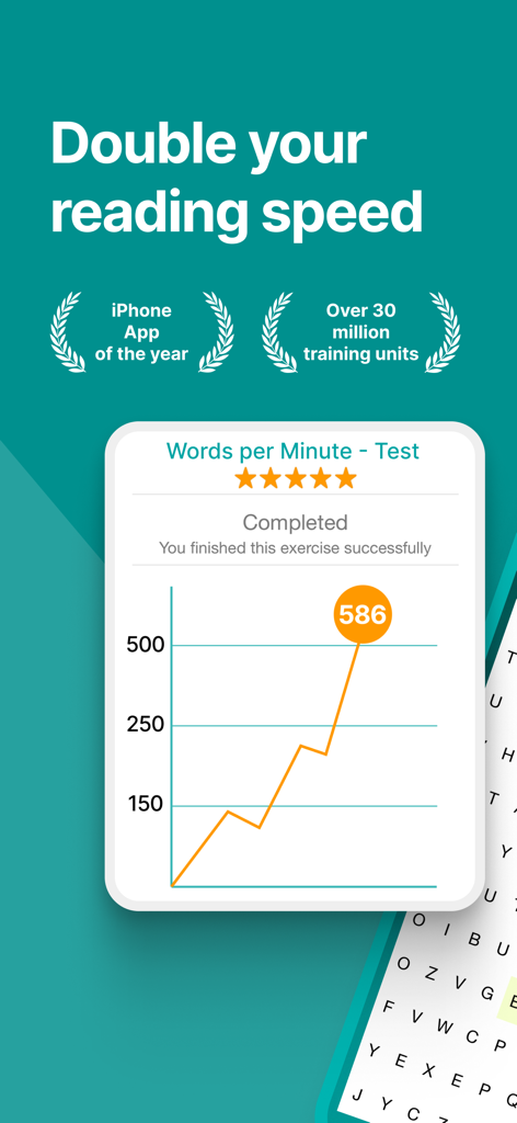 Reading Trainer - Un graphique linéaire dans l'application Reading Trainer montrant une augmentation du nombre de mots par minute au fil du temps.
