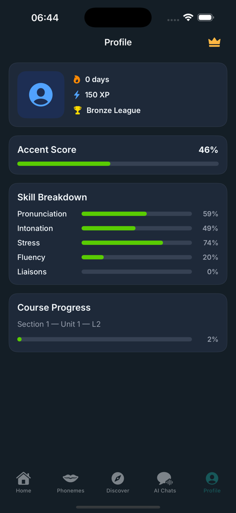 User profile screen in the Accent Training app showing an accent score of 46 percent and skill breakdown for pronunciation intonation stress and fluency.