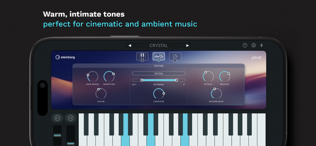 Verve - Felt Piano App & AUv3 - Interface de l'application de piano feutré Verve montrant les textures sonores et les contrôles du clavier