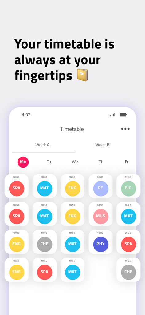 Ein farbcodierter wöchentlicher Schulstundenplan mit Stundenplänen in der scoolio Pro App