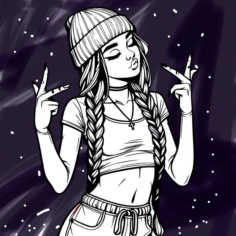 realistic teenage girl with braids and a beanie and crop top doing 🫶🏼