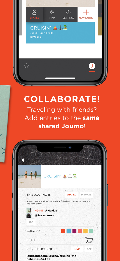 Journo: Travel & Trip Tracker - Two phone screens displaying the collaborative travel journal feature in the Journo app