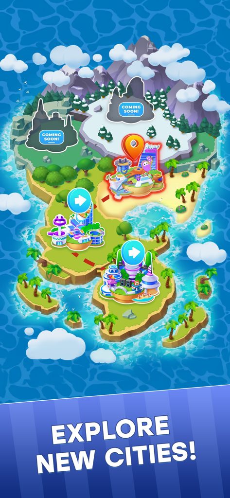 Diamond City: Idle Tycoon - Eine lebendige 3D-Weltkarte, die mehrere futuristische Inseln zeigt, mit dem Text Erkunde neue Städte