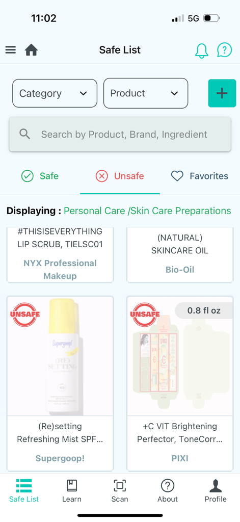 ACDS CAMP - ACDS CAMP app interface showing a personalized list of skincare products with safe and unsafe labels.