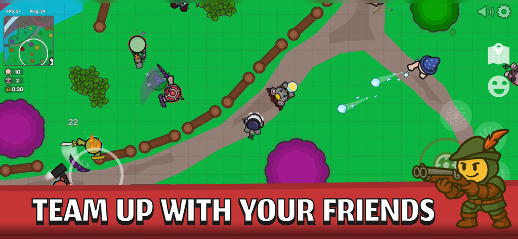 2D top-down multiplayer battle royale gameplay in Thelast.io showing characters in combat with a team up message