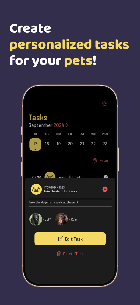 Aumigo - Pet Care & Routine - Interface do aplicativo móvel Aumigo para criar e gerenciar tarefas personalizadas de cuidados com o pet