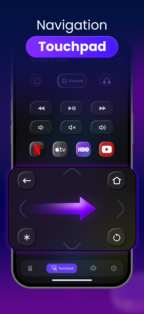 Roly app navigation touchpad interface for controlling smart TV on iPhone