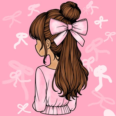 realistic girl  with hip length hair a bun and a big bow on the back of head