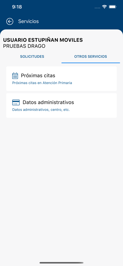miCita previa - Interface of the miCita previa app showing options for upcoming appointments and administrative health data.