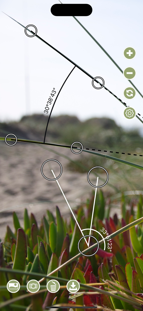 Angle Meter 360 - Angle Meter 360 interface measuring degrees on plants using the camera