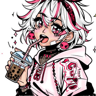 hot baddie anime girl drinking boba and biting the straw