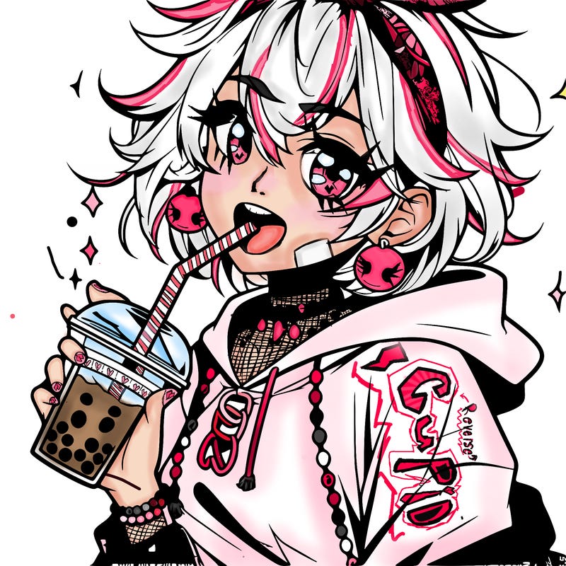 hot baddie anime girl drinking boba and biting the straw