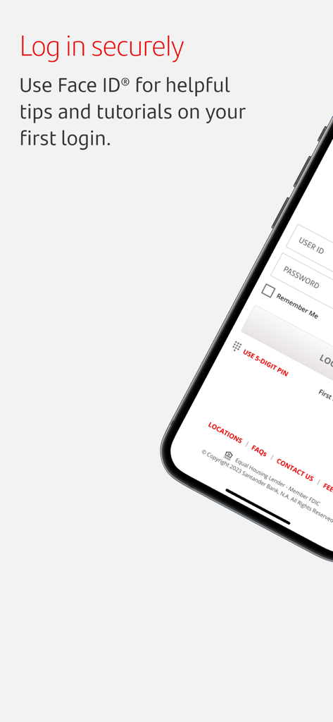 Santander Bank US mobile app login screen with Face ID authentication
