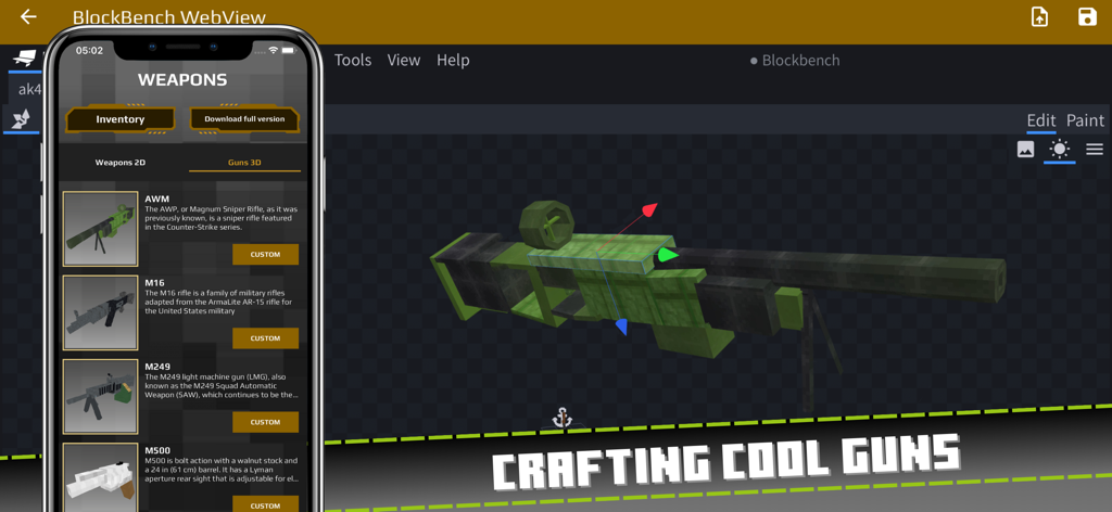 Actual Gun Addon for Minecraft - Minecraft Gun Addon App zeigt Blockbench 3D-Waffeneditor und Inventar.