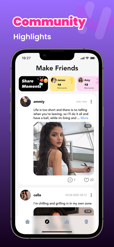 Hugo - Live Video Chat - A smartphone screen displaying the Hugo app social feed with user posts and a moments leaderboard.
