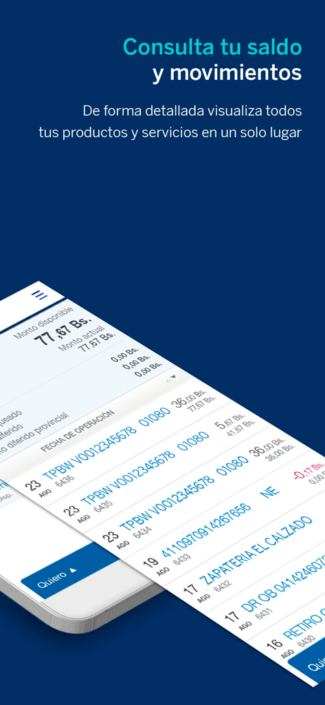 BBVA Provinet Móvil | VE - Interface mobile de BBVA Provinet Movil affichant le solde du compte et l'historique des transactions.