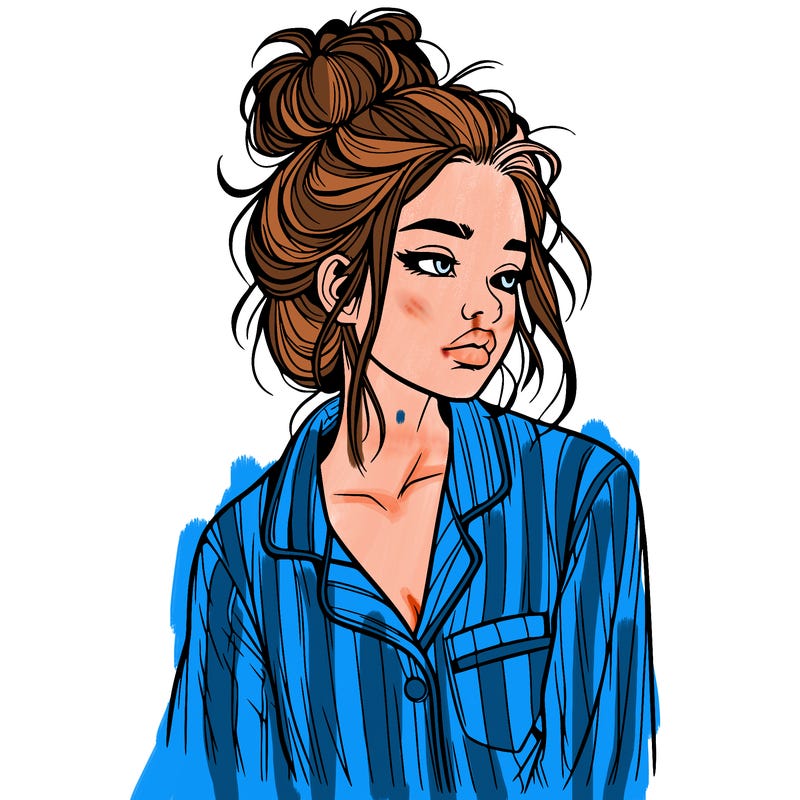 realistic woman with pajamas on and a messy bun