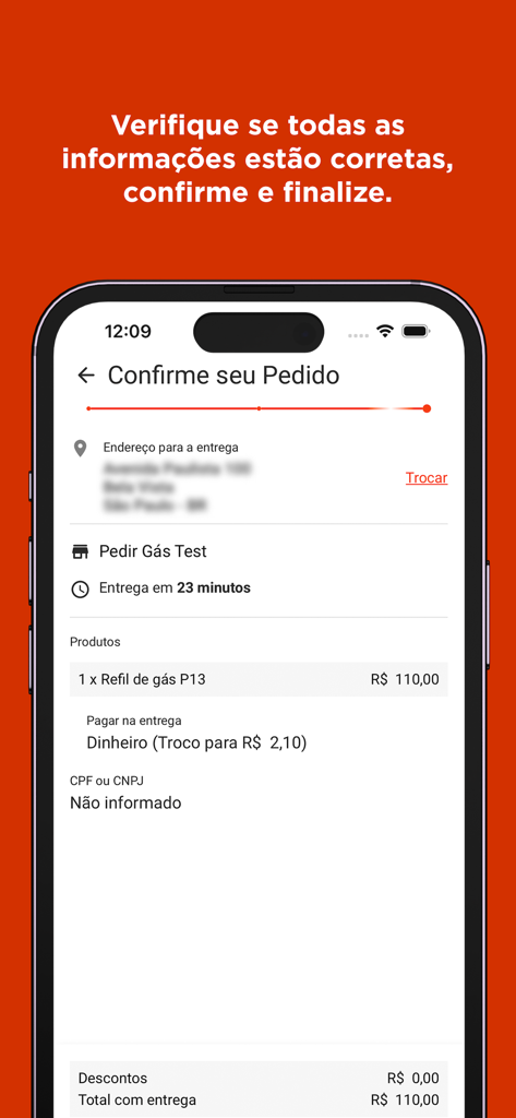 Pedir Gás | Supergasbras - Mobile app screen showing the final order confirmation for a gas cylinder delivery including address delivery time and total price