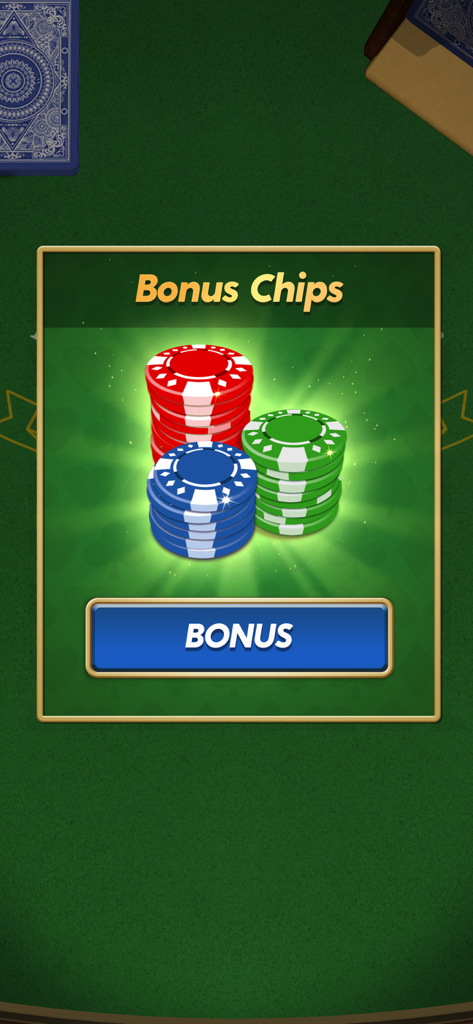 블랙잭 게임에서 여러 색상의 카지노 칩 더미와 파란색 보너스 버튼을 보여주는 팝업 창