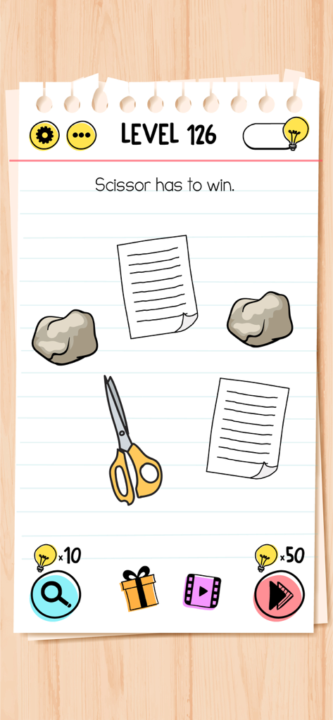 Uno screenshot del livello 126 nell'app Brain Test con un puzzle sasso, carta, forbici con grafica disegnata a mano.