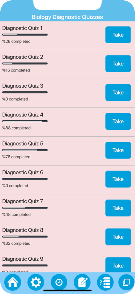 A list of biology diagnostic quizzes showing completion percentages and buttons to start each exam
