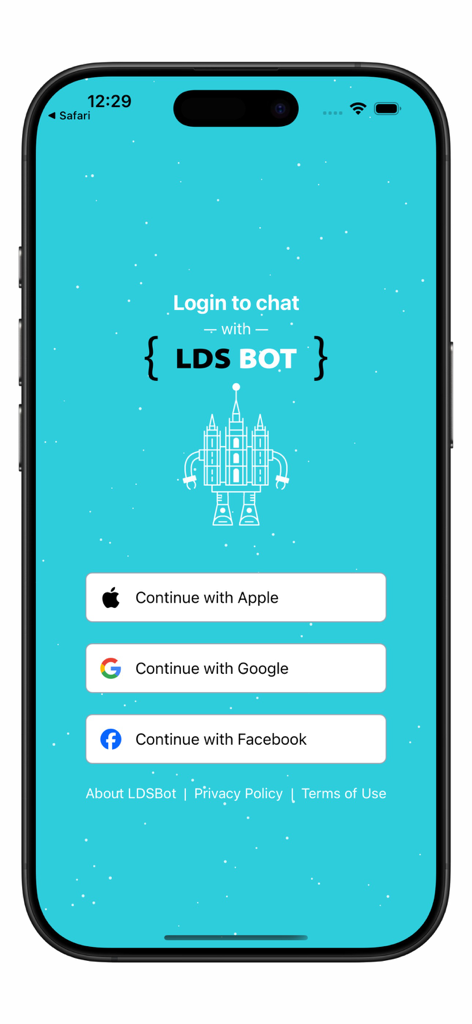 LDSBot - Pantalla de inicio de sesión de LDSBot con un gráfico de robot con temática de templo y opciones de inicio de sesión para Apple, Google y Facebook.