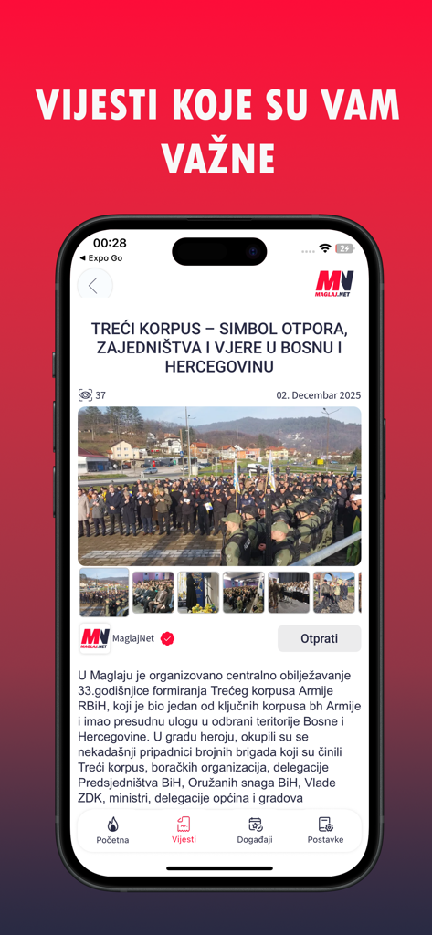 MAGLAJ.NET - Mobile app interface of MAGLAJ.NET showing a local news article with a photo of a community event in Bosnia.