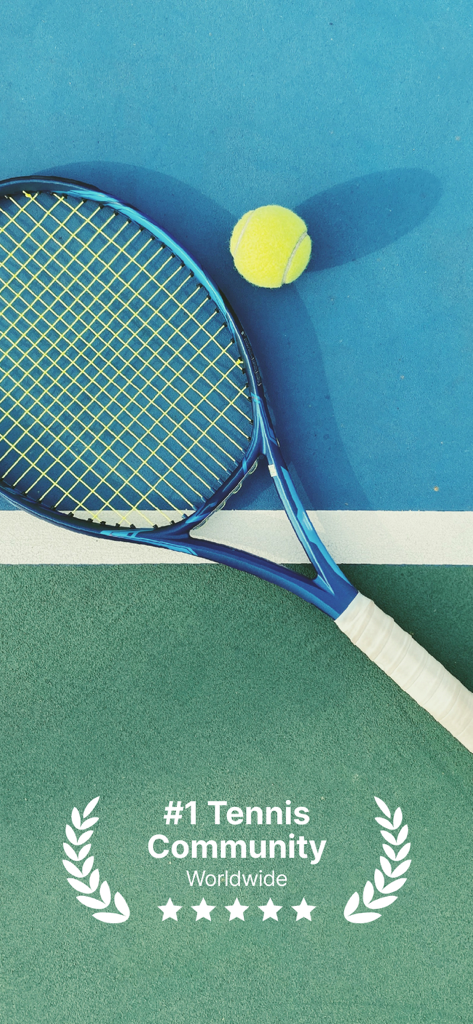 Top down view of a tennis racket and ball on a court with a five star community rating