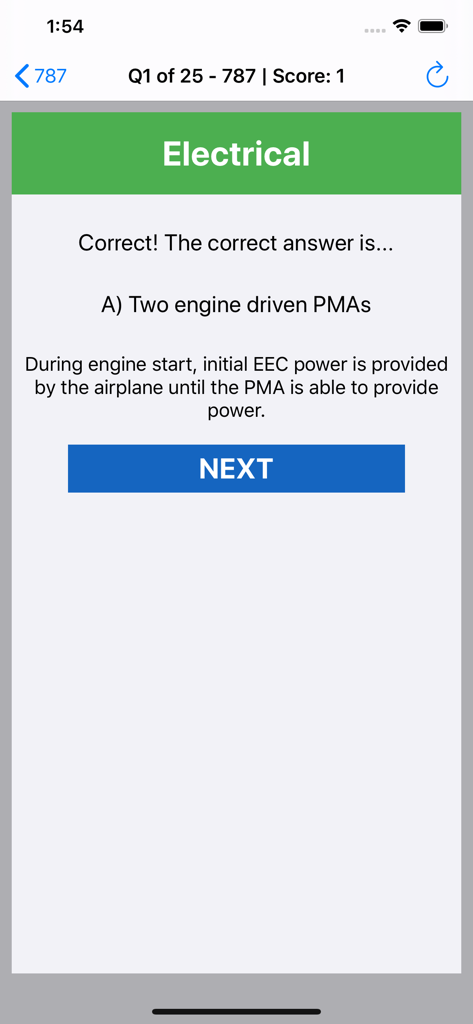 Correct answer screen for a Boeing 787 electrical system pilot exam question