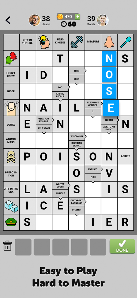 Mobile gameplay screen of Wordgrams showing a crossword puzzle board with picture clues and letter tiles