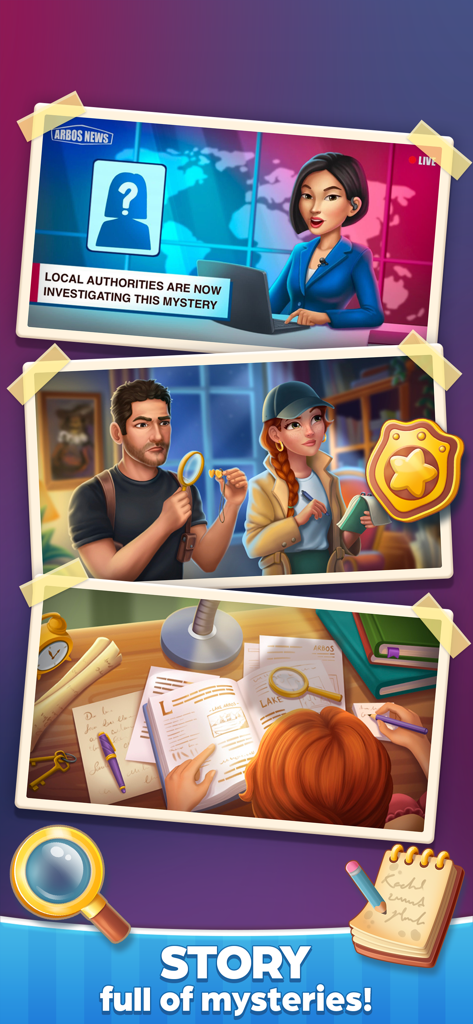 Une série d'illustrations montrant des personnages enquêtant sur un mystère de personne disparue dans Journey Home Merge and Stories.