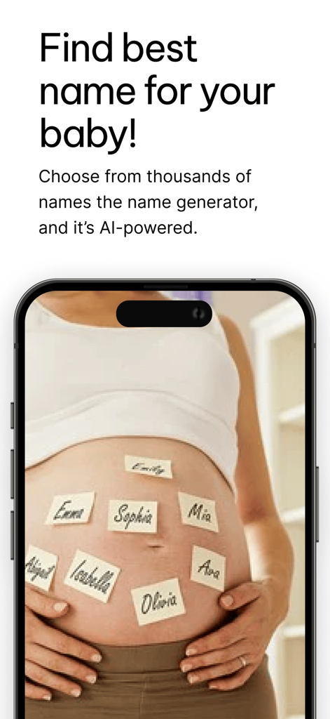 AI baby name generator screen featuring names on a pregnant belly