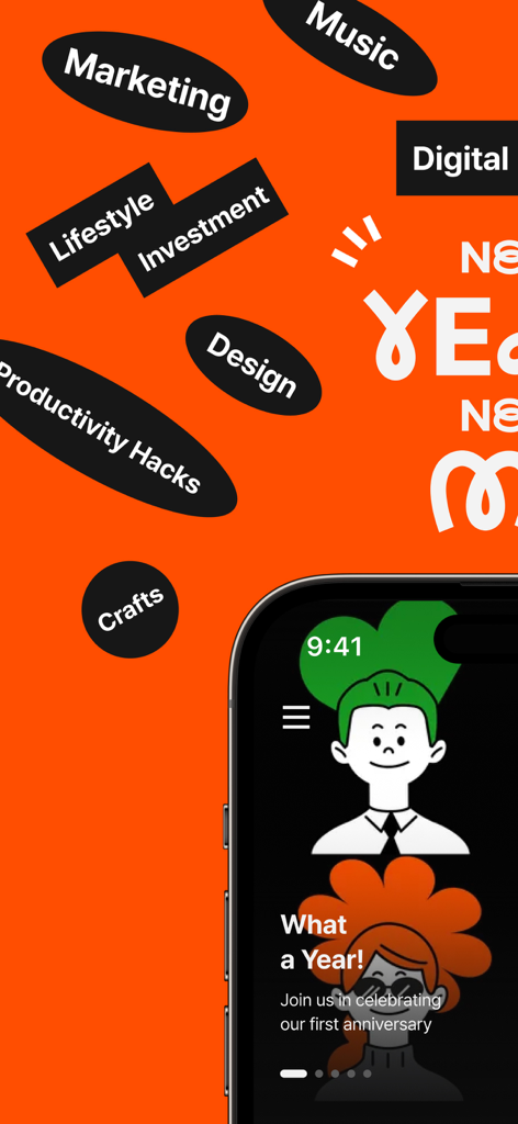 Smartphone screen showing the CLASS101 app interface with floating bubbles for various learning categories like marketing, design, and crafts.