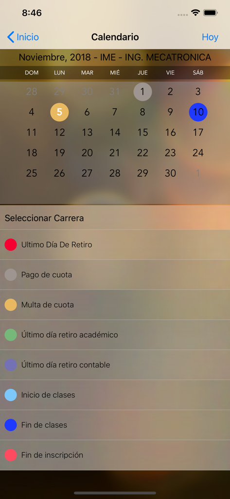Estudiantes Galileo - Pantalla del calendario académico en la app móvil Estudiantes Galileo que muestra fechas universitarias y leyendas de eventos.