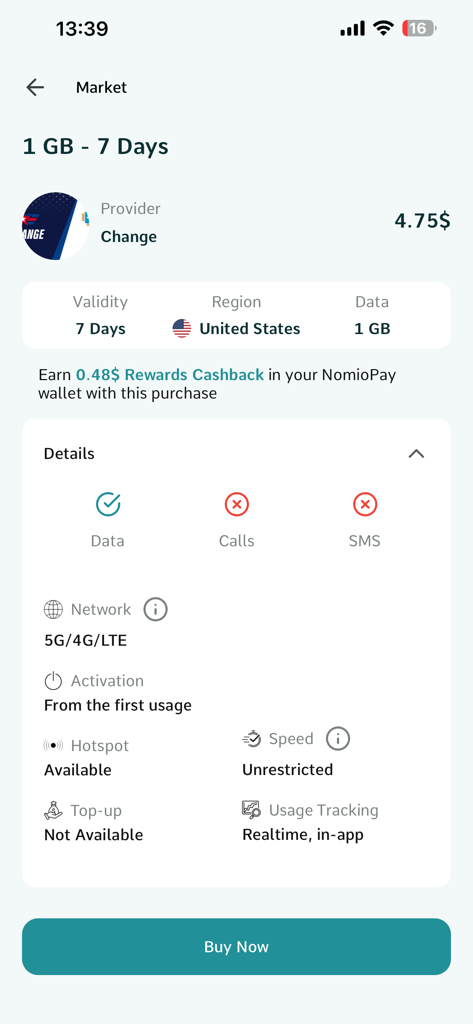 Nomio: eSIM Travel & Internet - Details of a 1GB travel eSIM data plan for the USA in the Nomio app showing price and features