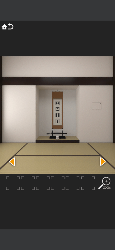 A minimalist Japanese room escape game scene with tatami mats, a katana, and a hanging scroll with symbols.